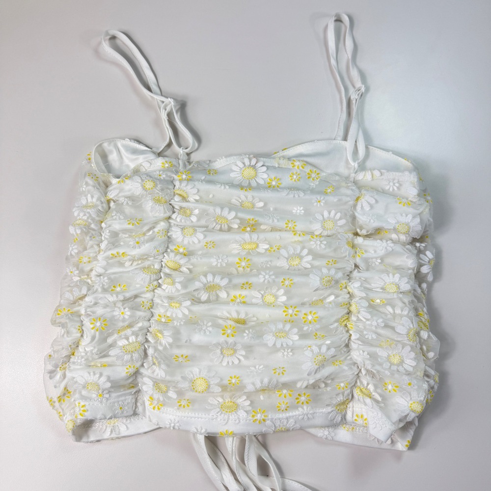 Zara White‎ Floral Mesh Top Sheer Ruched Crop Camisole Boho Summer Womens Small - Picture 3 of 10